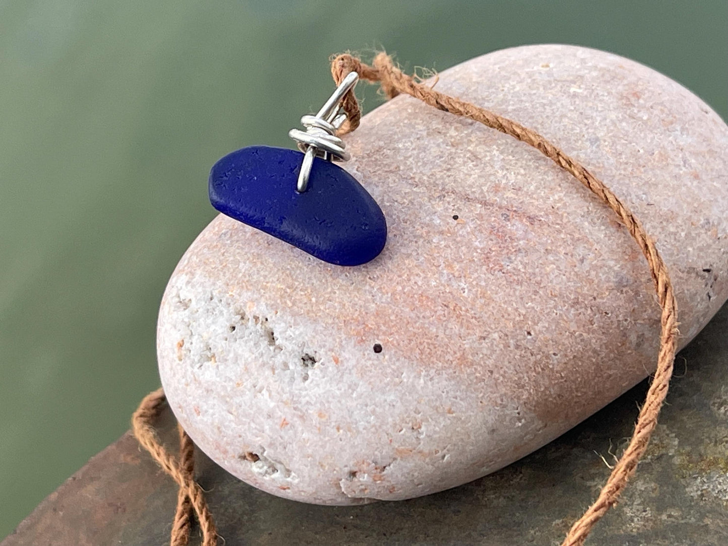 Blue sea glass necklace. Recycled necklace, gift for him. Ethical jewellery. Sea glass pendant. Eco friendly necklace, boho surf jewellery