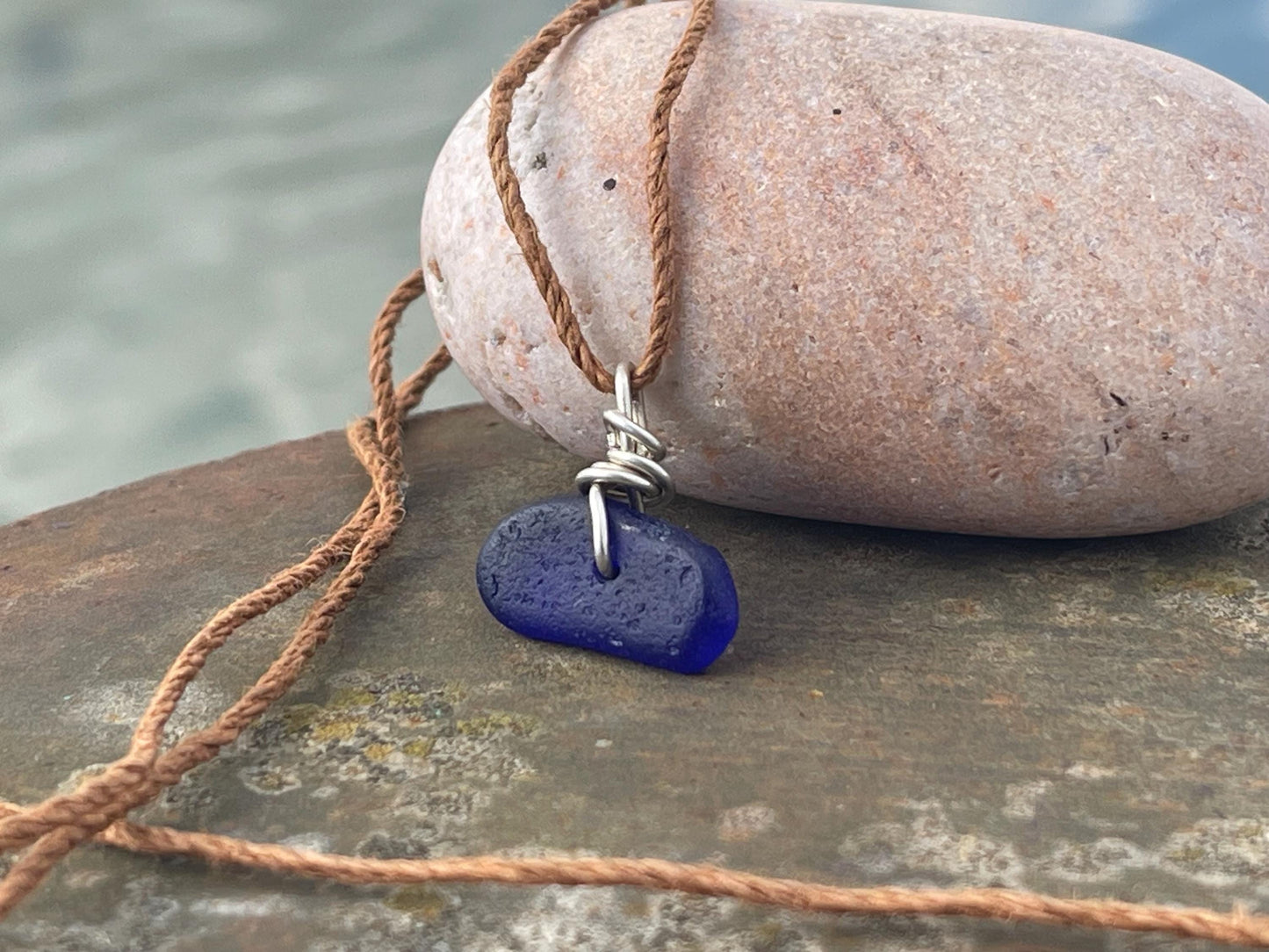 Blue sea glass necklace. Recycled necklace, gift for him. Ethical jewellery. Sea glass pendant. Eco friendly necklace, boho surf jewellery