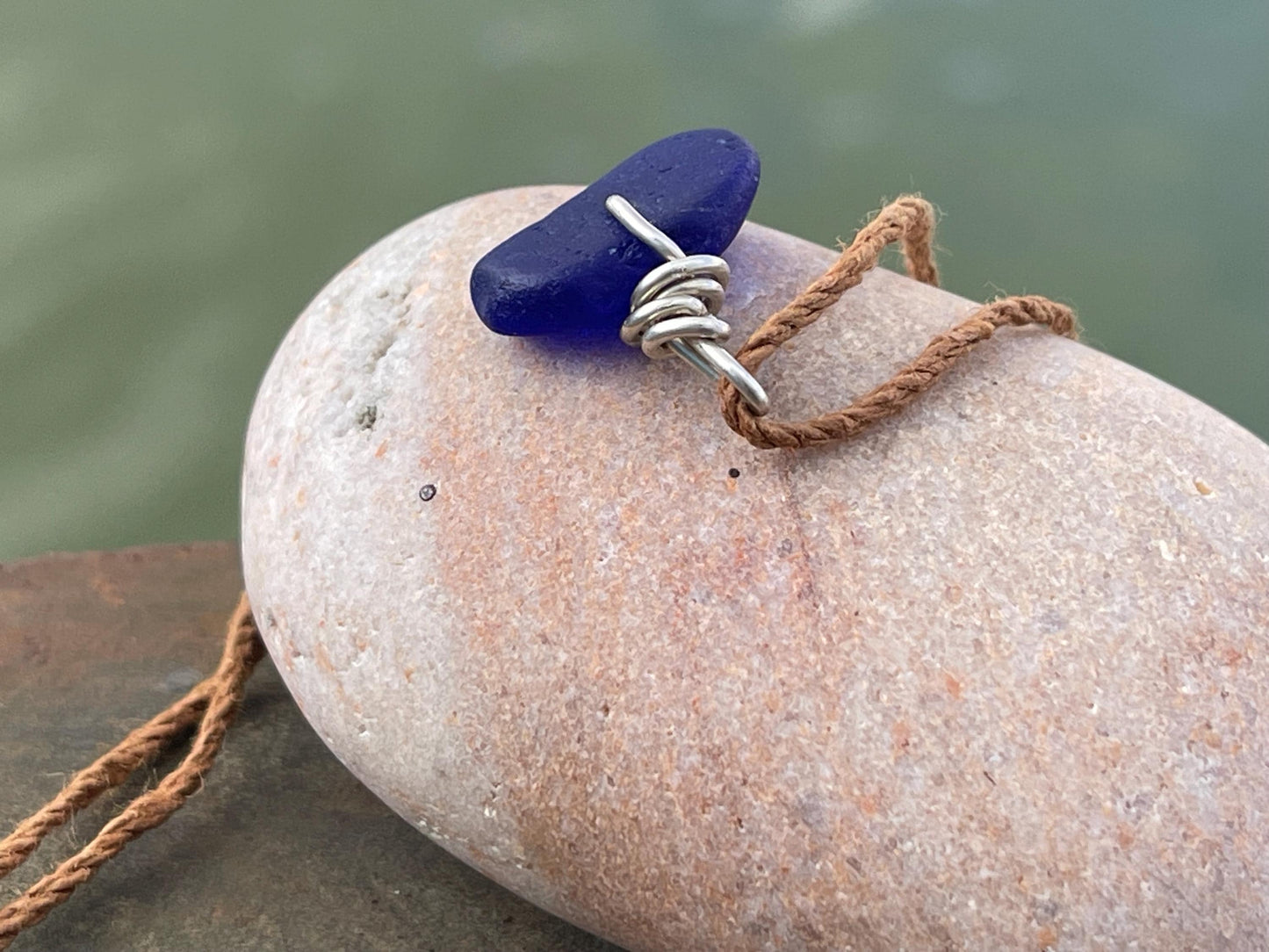 Blue sea glass necklace. Recycled necklace, gift for him. Ethical jewellery. Sea glass pendant. Eco friendly necklace, boho surf jewellery