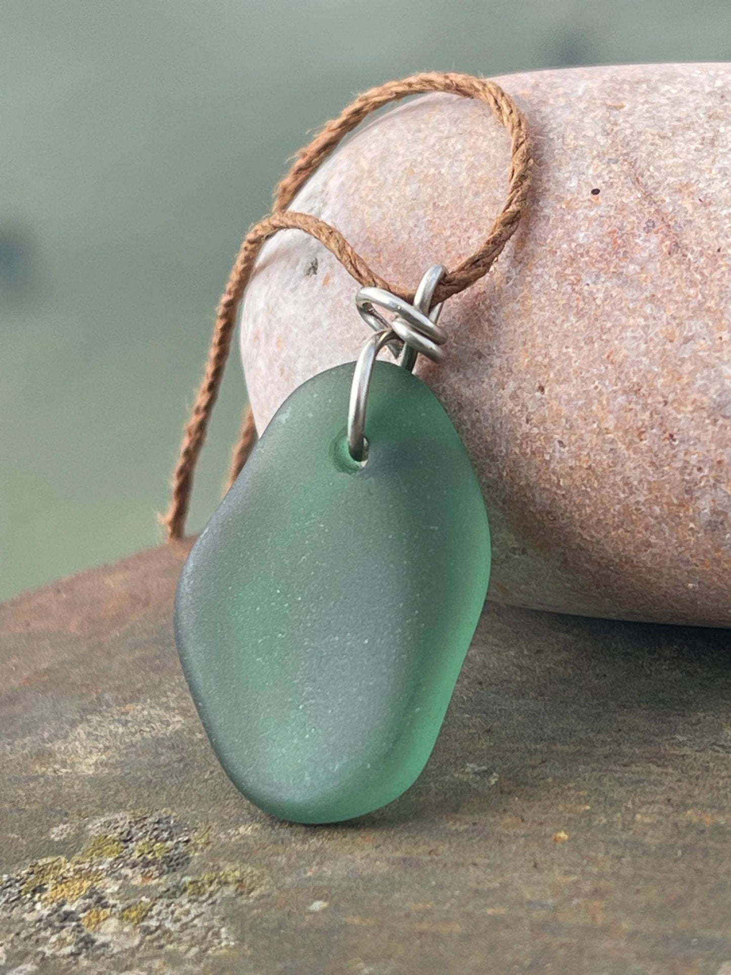 Green sea glass necklace. Recycled necklace, gift for him. Ethical jewellery. Sea glass pendant. Eco friendly necklace, boho surf jewellery