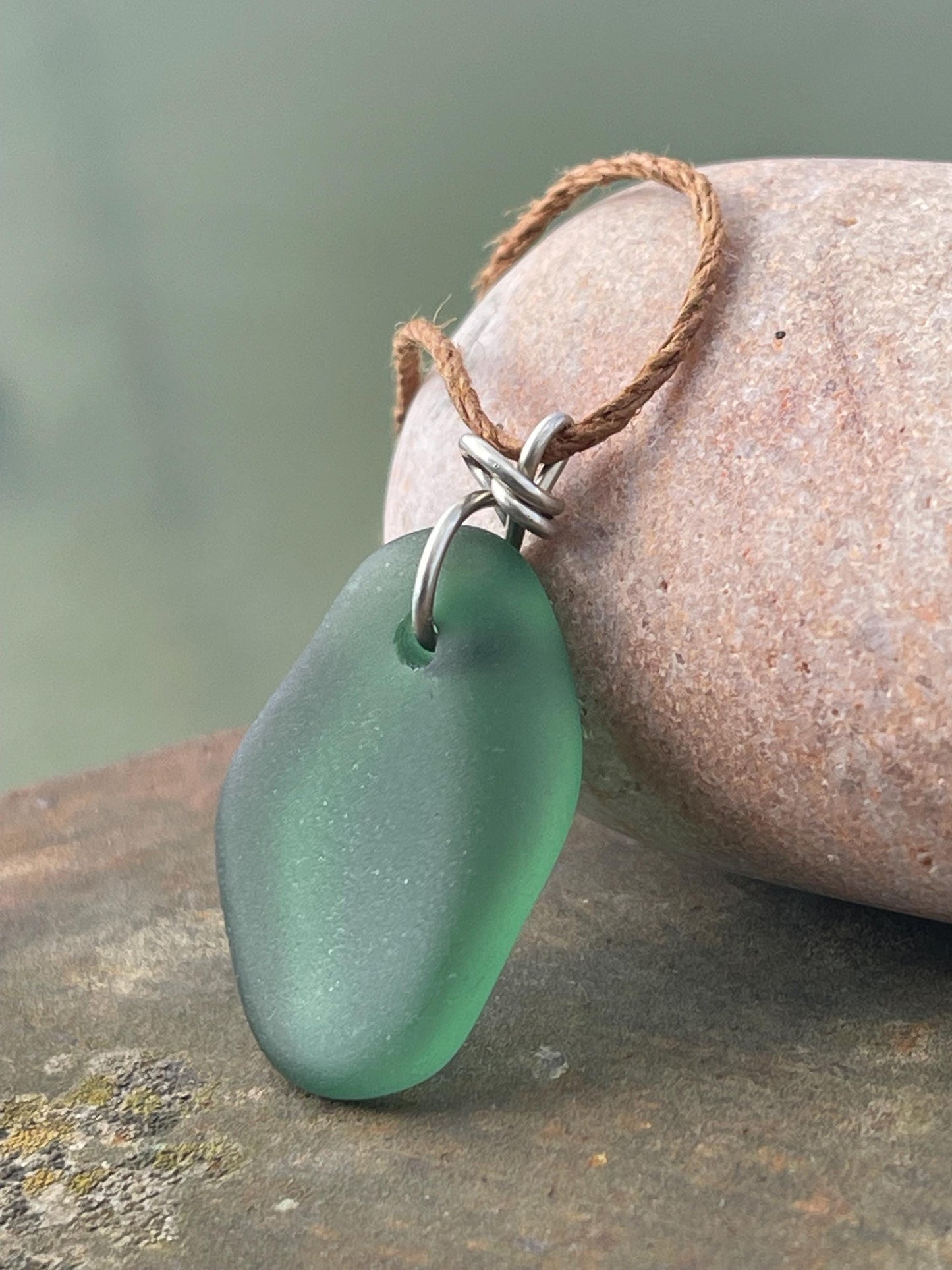 Green sea glass necklace. Recycled necklace, gift for him. Ethical jewellery. Sea glass pendant. Eco friendly necklace, boho surf jewellery