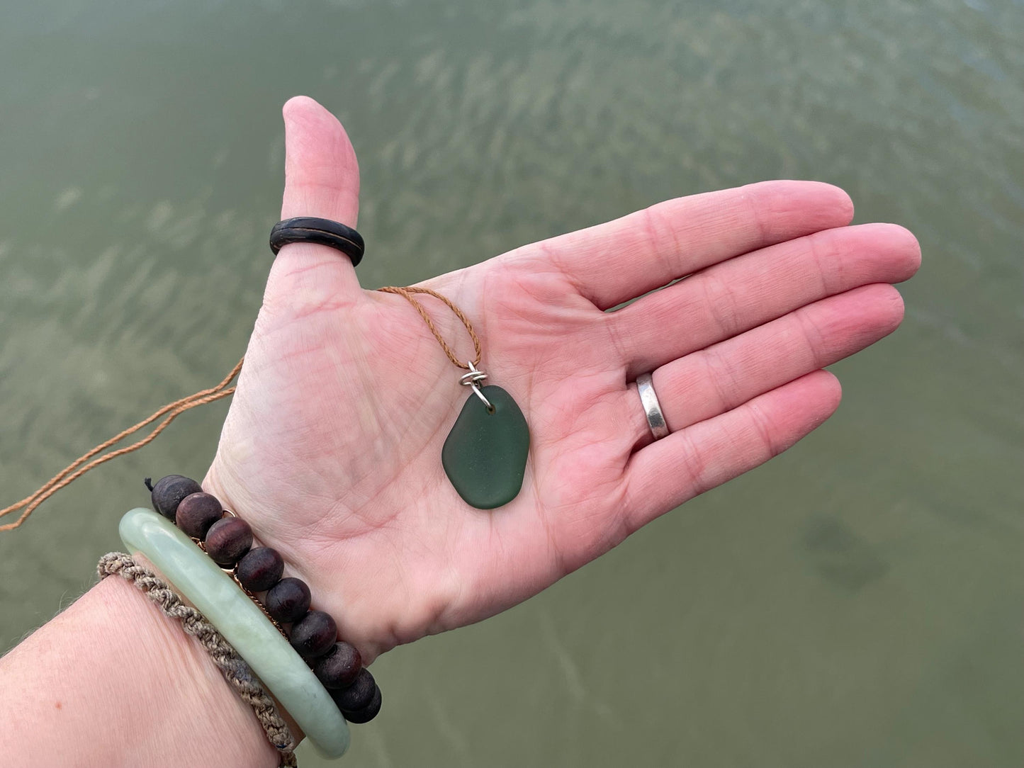 Green sea glass necklace. Recycled necklace, gift for him. Ethical jewellery. Sea glass pendant. Eco friendly necklace, boho surf jewellery