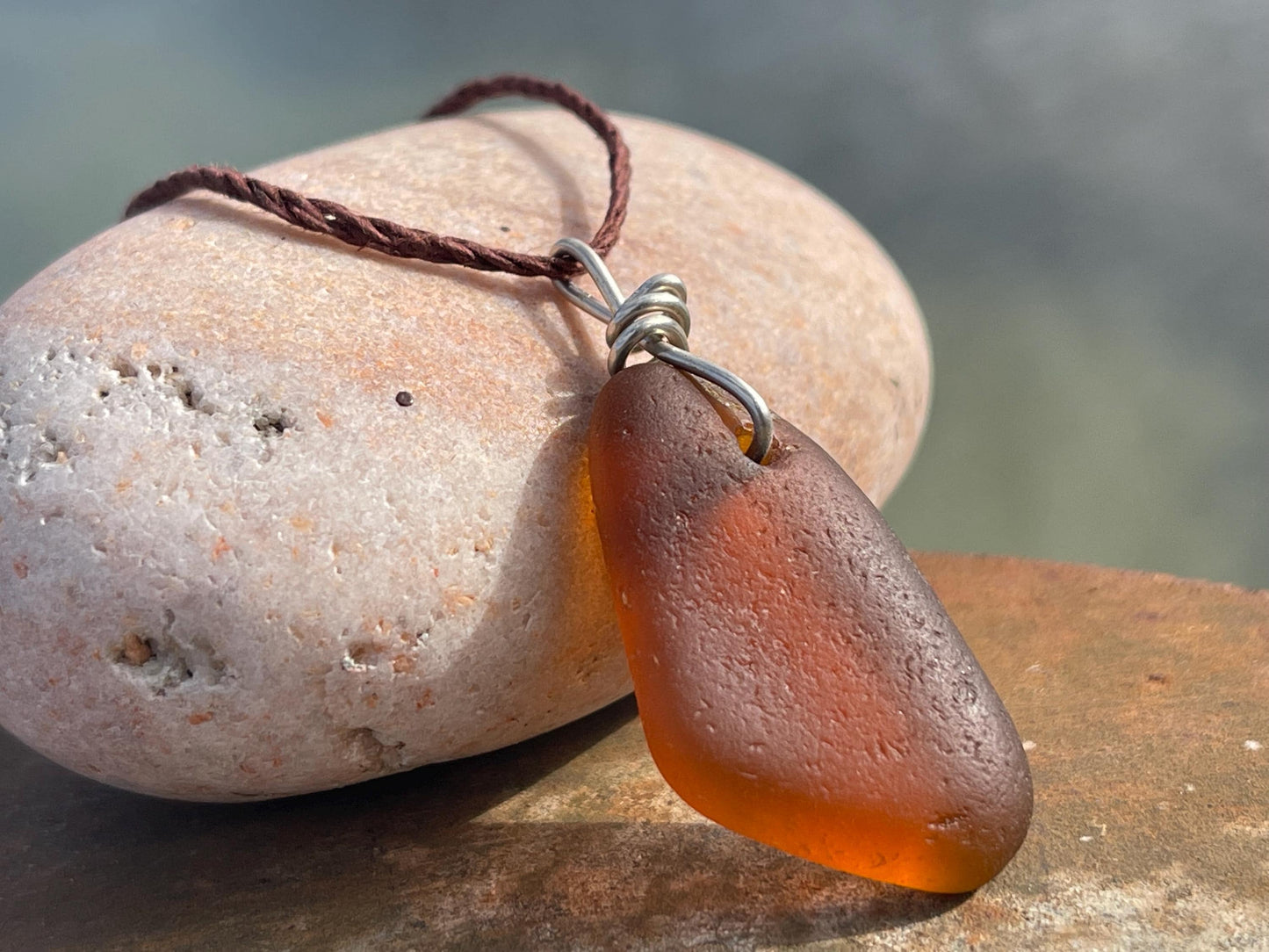 Orange sea glass necklace. Recycled necklace, gift for him. Ethical jewellery. Sea glass pendant. Eco friendly necklace, boho surf jewellery