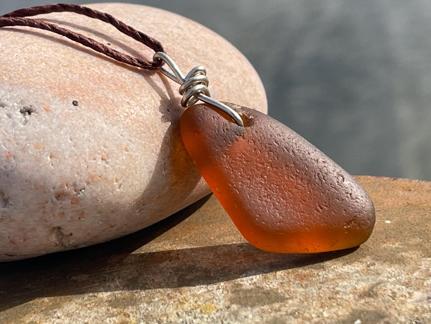 Orange sea glass necklace. Recycled necklace, gift for him. Ethical jewellery. Sea glass pendant. Eco friendly necklace, boho surf jewellery