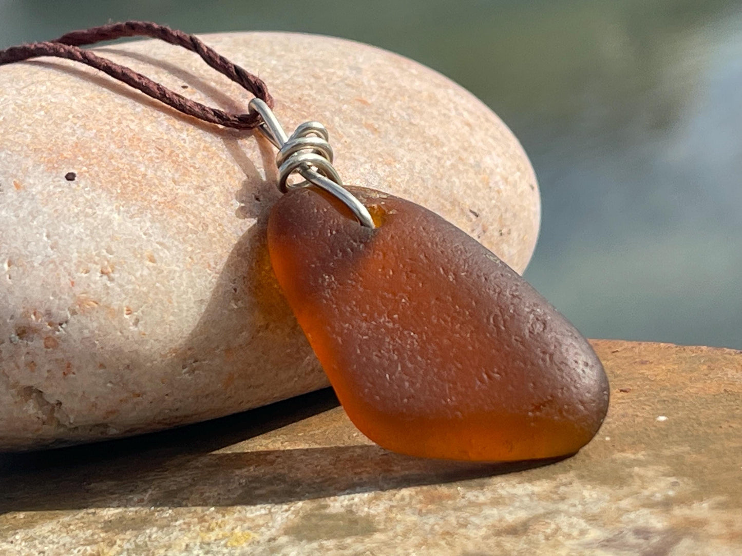 Orange sea glass necklace. Recycled necklace, gift for him. Ethical jewellery. Sea glass pendant. Eco friendly necklace, boho surf jewellery