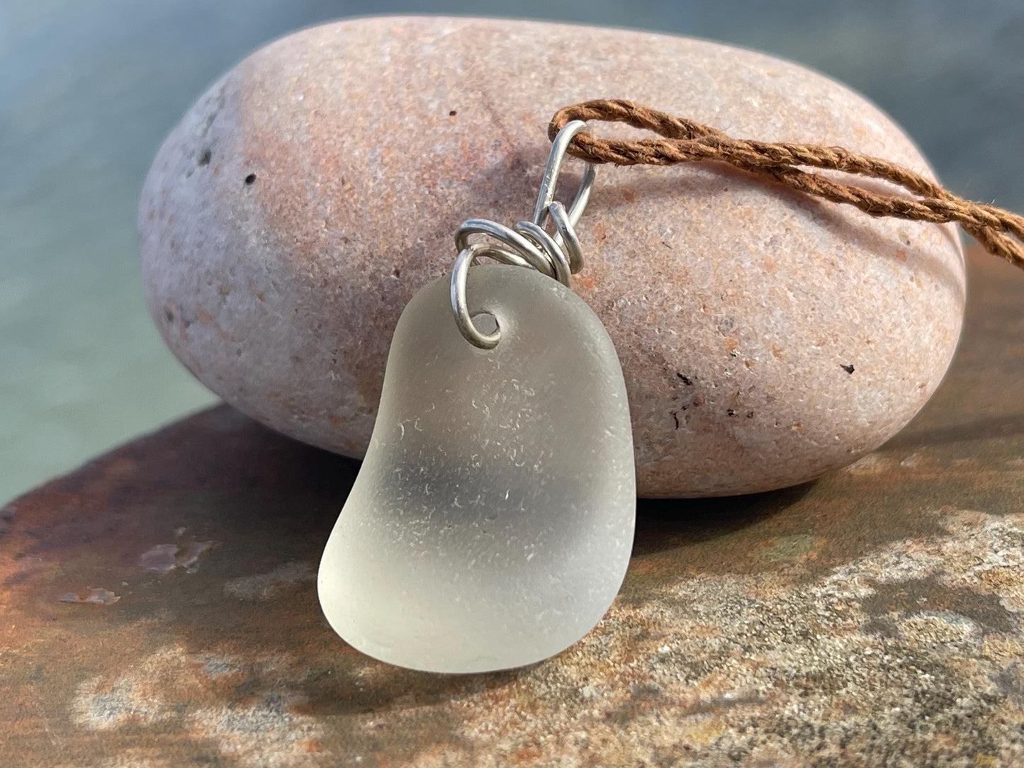 White sea glass necklace. Recycled necklace, gift for him. Ethical jewellery. Sea glass pendant. Eco friendly necklace, boho surf jewellery