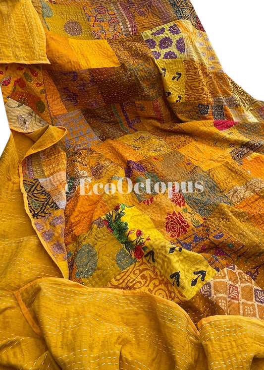 KING SIZE yellow bedspread made from vintage fabrics. Stunning patchwork bed throw. Multi- coloured.