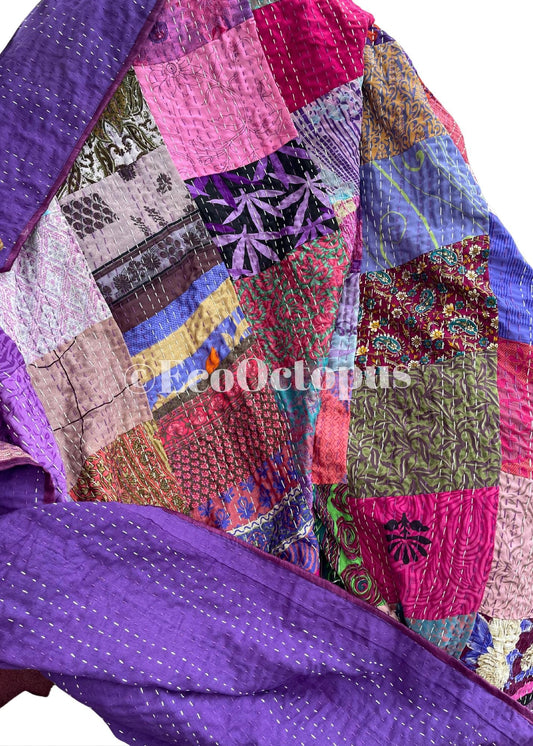 KING SIZE Purple themed bedspread made from vintage fabrics. Stunning patchwork bed throw. Very large bed throw. Large sofa throw.