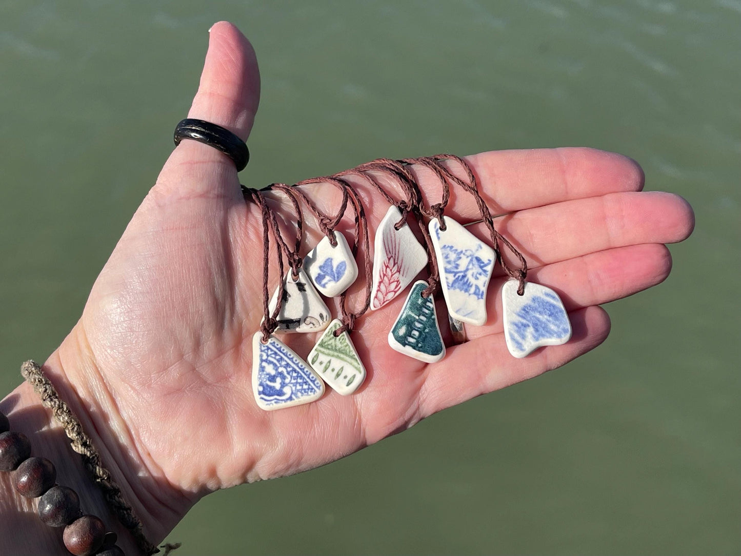 Rustic sea pottery necklace. Recycled necklace, unisex necklace. Surf necklace, hippy necklace, Gift for him, handmade gift for her, ethical