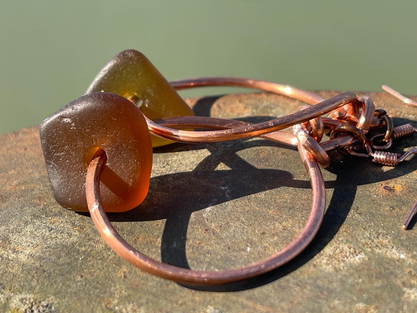 Sea glass and recycled copper earrings, unique earrings, ethical jewellery, unusual boho jewellery, sea glass jewellery, orange sea glass