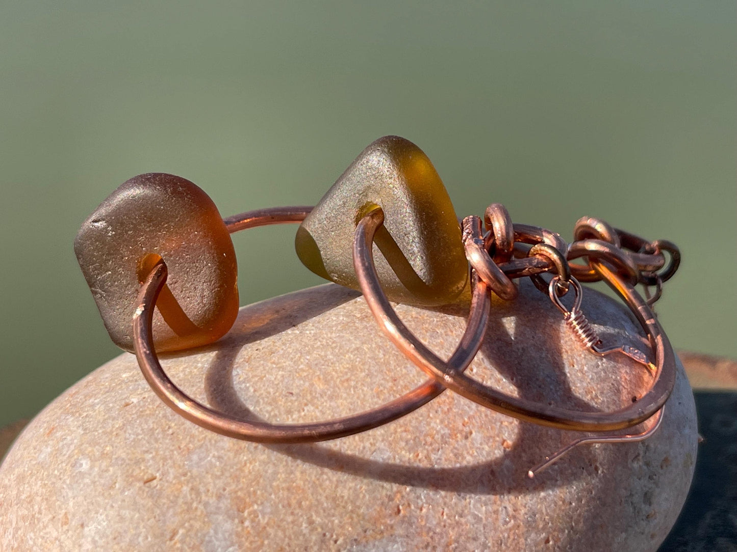 Sea glass and recycled copper earrings, unique earrings, ethical jewellery, unusual boho jewellery, sea glass jewellery, orange sea glass