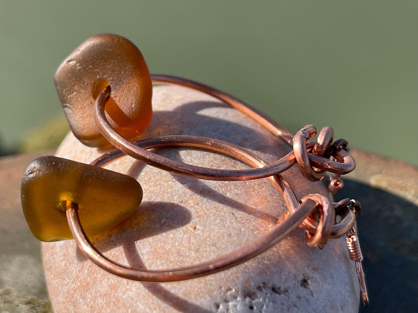 Sea glass and recycled copper earrings, unique earrings, ethical jewellery, unusual boho jewellery, sea glass jewellery, orange sea glass