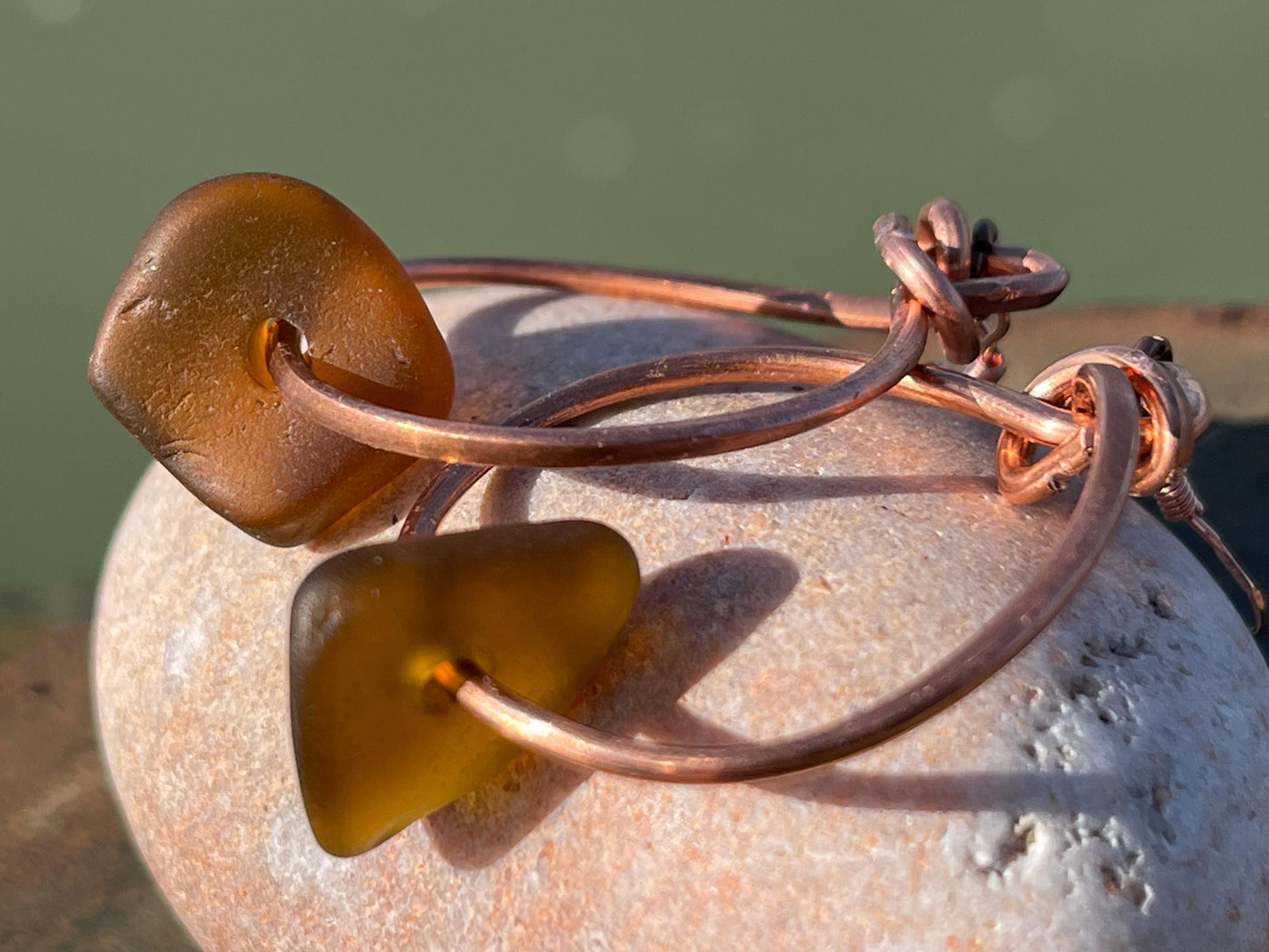 Sea glass and recycled copper earrings, unique earrings, ethical jewellery, unusual boho jewellery, sea glass jewellery, orange sea glass