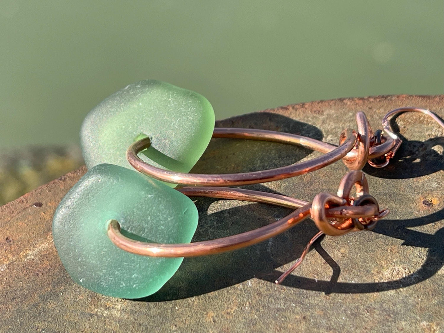 Eco friendly green sea glass and recycled copper earrings. Unique earrings, ethical jewellery, unusual boho jewellery, sea glass jewellery.