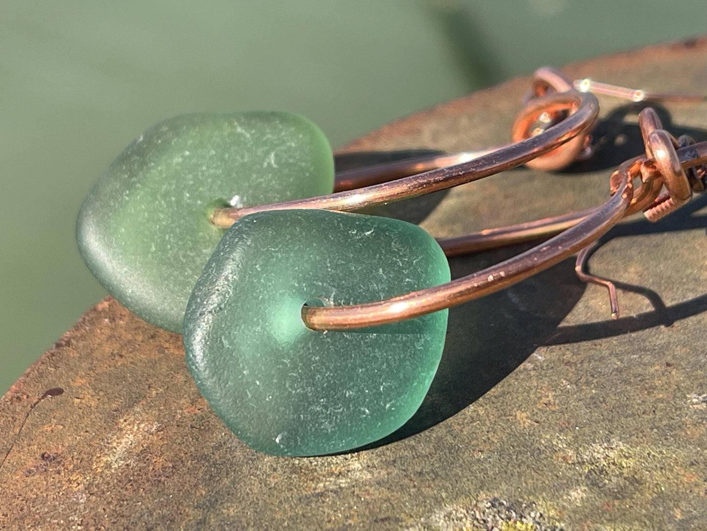 Eco friendly green sea glass and recycled copper earrings. Unique earrings, ethical jewellery, unusual boho jewellery, sea glass jewellery.