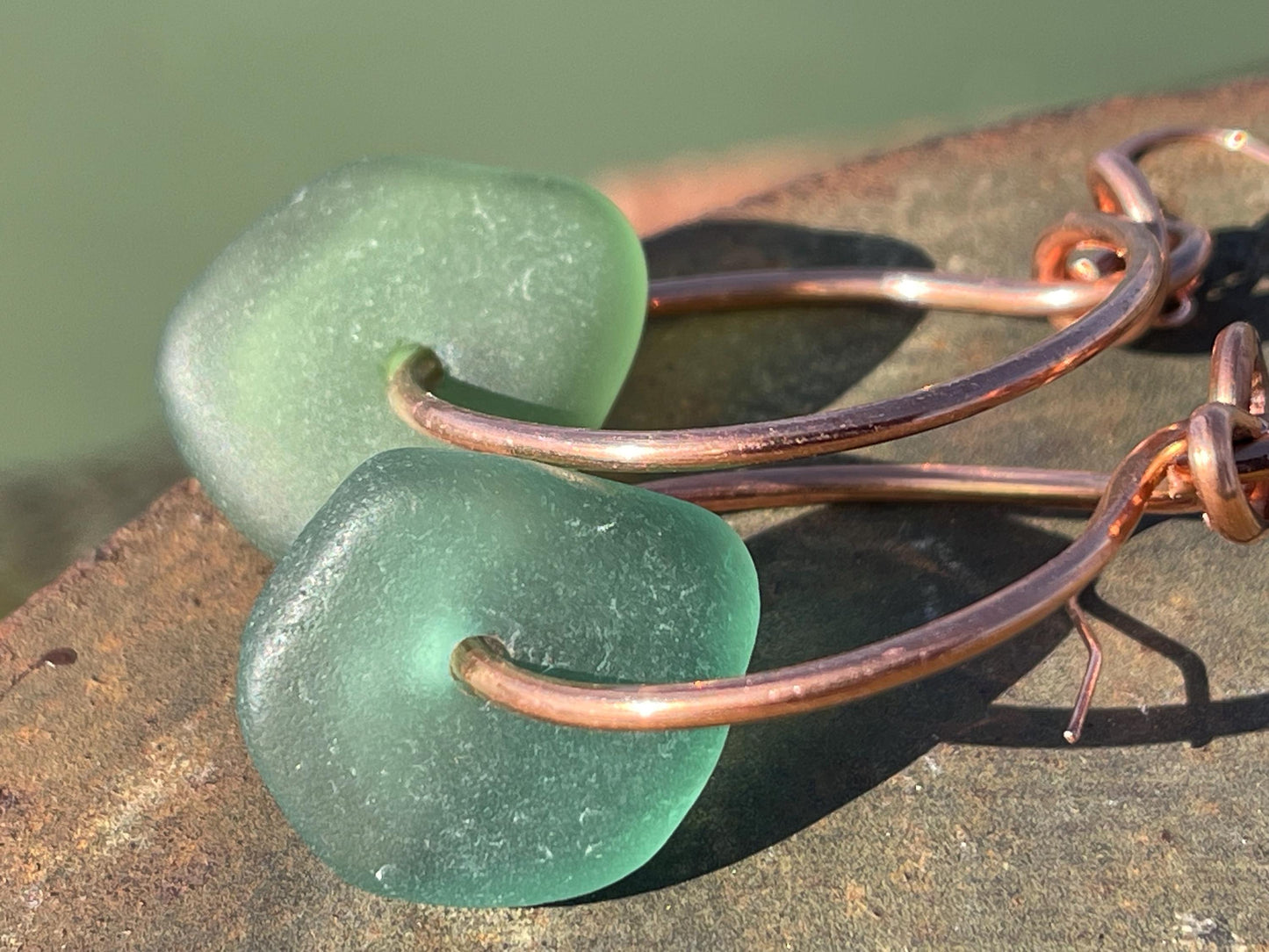 Eco friendly green sea glass and recycled copper earrings. Unique earrings, ethical jewellery, unusual boho jewellery, sea glass jewellery.