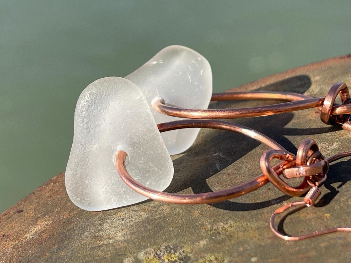 Eco friendly white sea glass and recycled copper earrings. Unique earrings, ethical jewellery, unusual boho jewellery, sea glass jewellery.