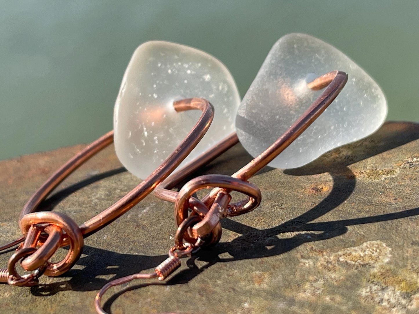 Eco friendly white sea glass and recycled copper earrings. Unique earrings, ethical jewellery, unusual boho jewellery, sea glass jewellery.