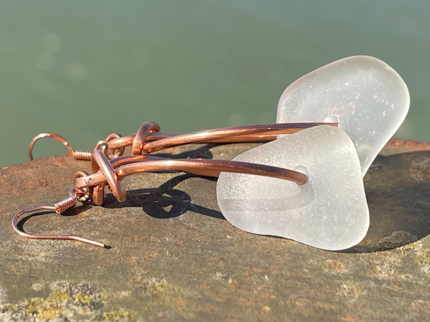 Eco friendly white sea glass and recycled copper earrings. Unique earrings, ethical jewellery, unusual boho jewellery, sea glass jewellery.