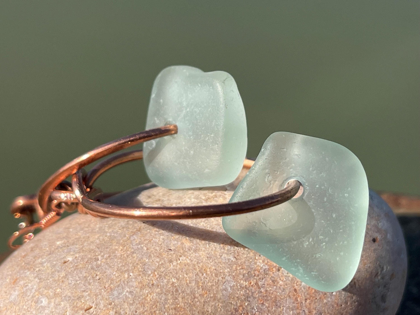 Eco friendly aqua sea glass and recycled copper earrings. Unique earrings, ethical jewellery, unusual boho jewellery, sea glass jewellery.