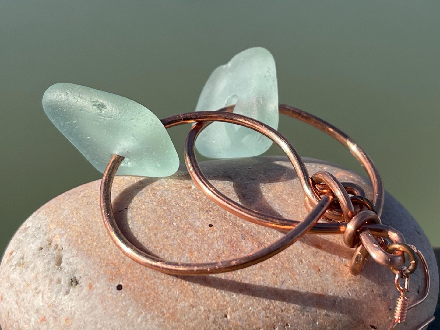 Eco friendly aqua sea glass and recycled copper earrings. Unique earrings, ethical jewellery, unusual boho jewellery, sea glass jewellery.