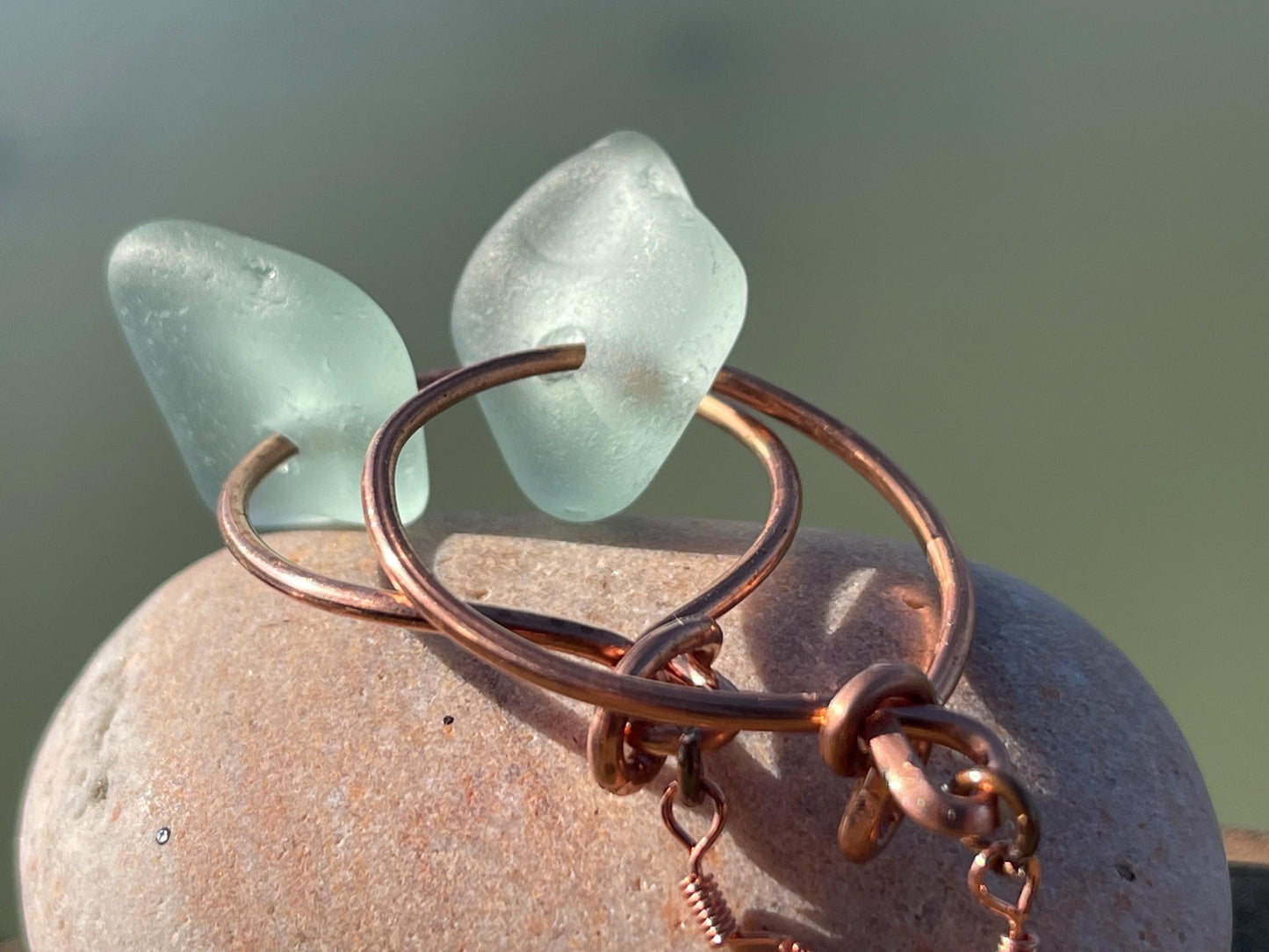 Eco friendly aqua sea glass and recycled copper earrings. Unique earrings, ethical jewellery, unusual boho jewellery, sea glass jewellery.