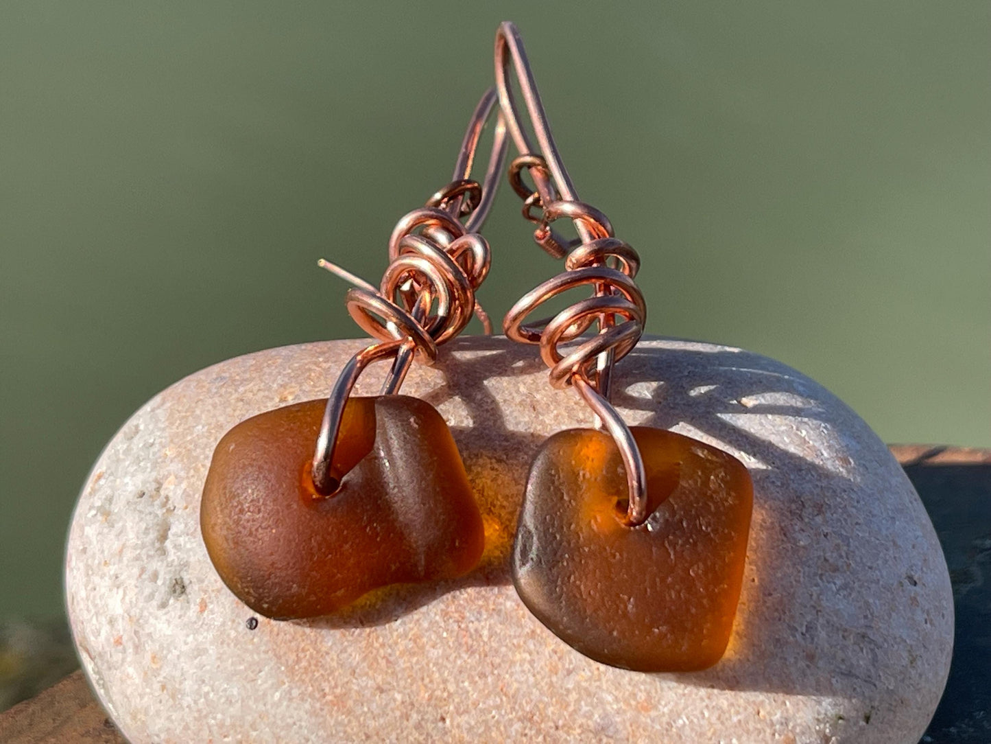 Sea glass and recycled copper earrings, unique earrings, ethical jewellery, unusual boho jewellery, sea glass jewellery, orange sea glass