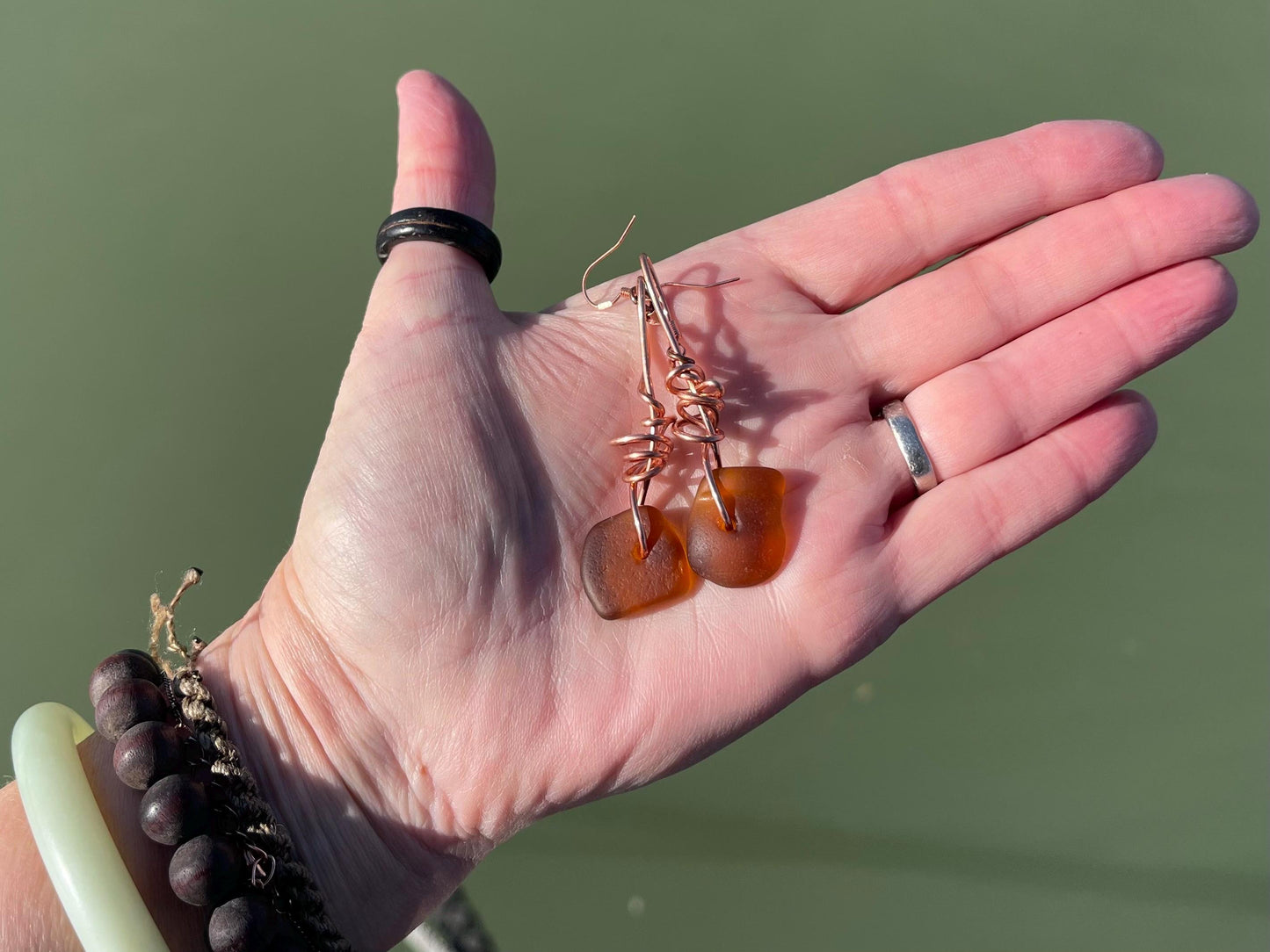 Sea glass and recycled copper earrings, unique earrings, ethical jewellery, unusual boho jewellery, sea glass jewellery, orange sea glass