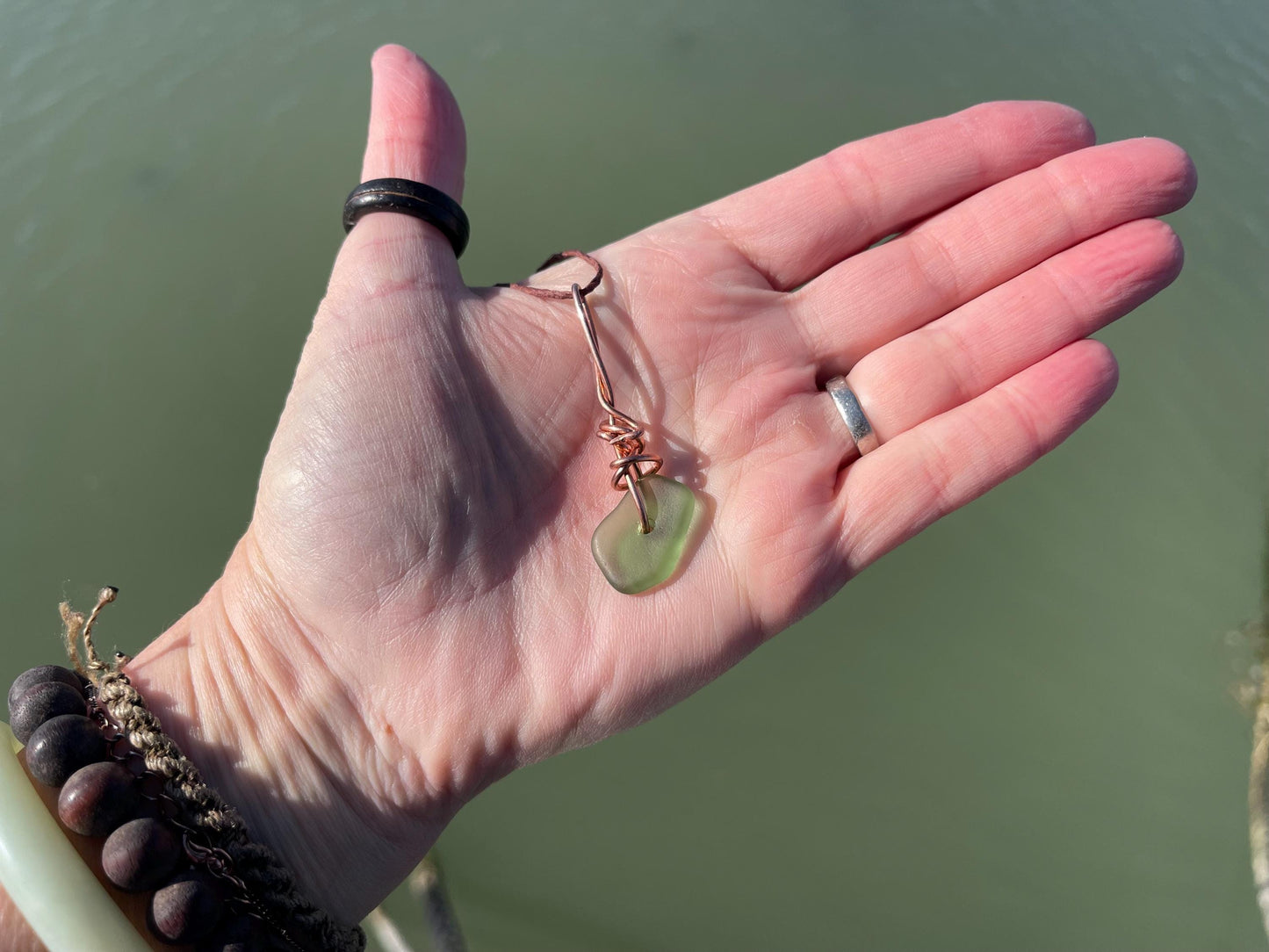 Green sea glass necklace. Recycled necklace, gift for him. Ethical jewellery. Sea glass pendant. Eco friendly necklace, eco friendly gifts