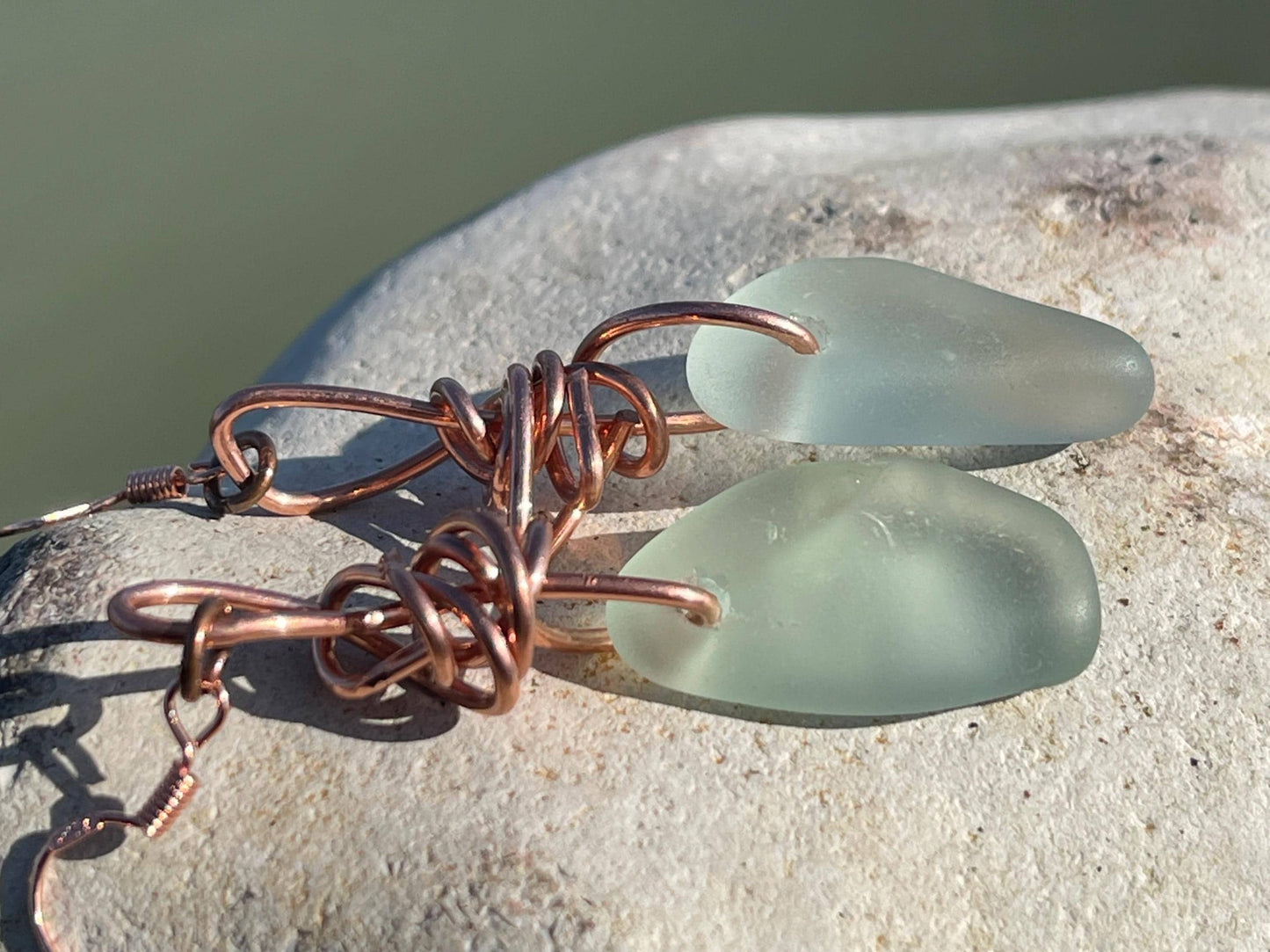 Eco friendly aqua sea glass and recycled copper earrings. Unique earrings, ethical jewellery, unusual boho jewellery, sea glass jewellery.