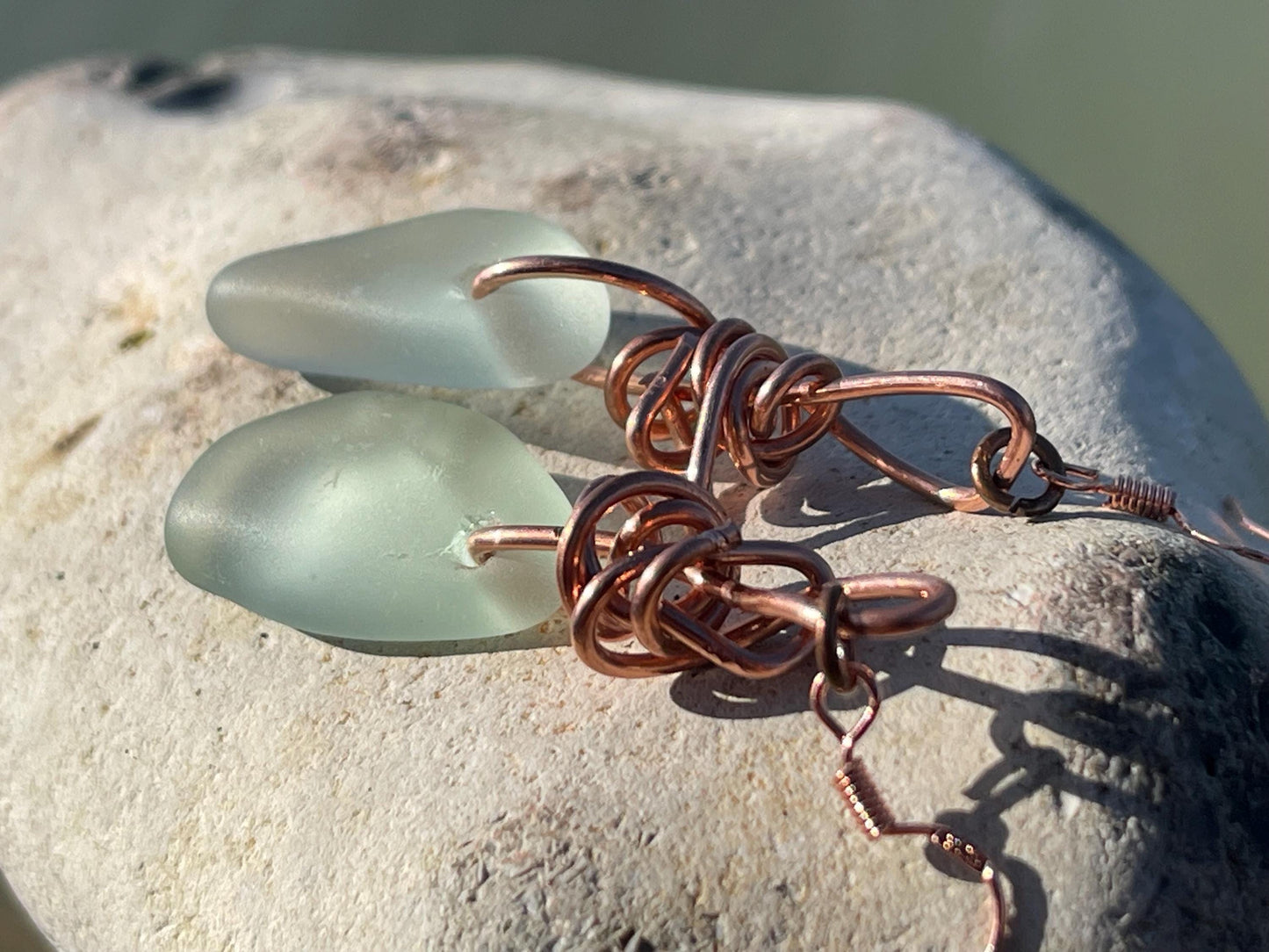 Eco friendly aqua sea glass and recycled copper earrings. Unique earrings, ethical jewellery, unusual boho jewellery, sea glass jewellery.