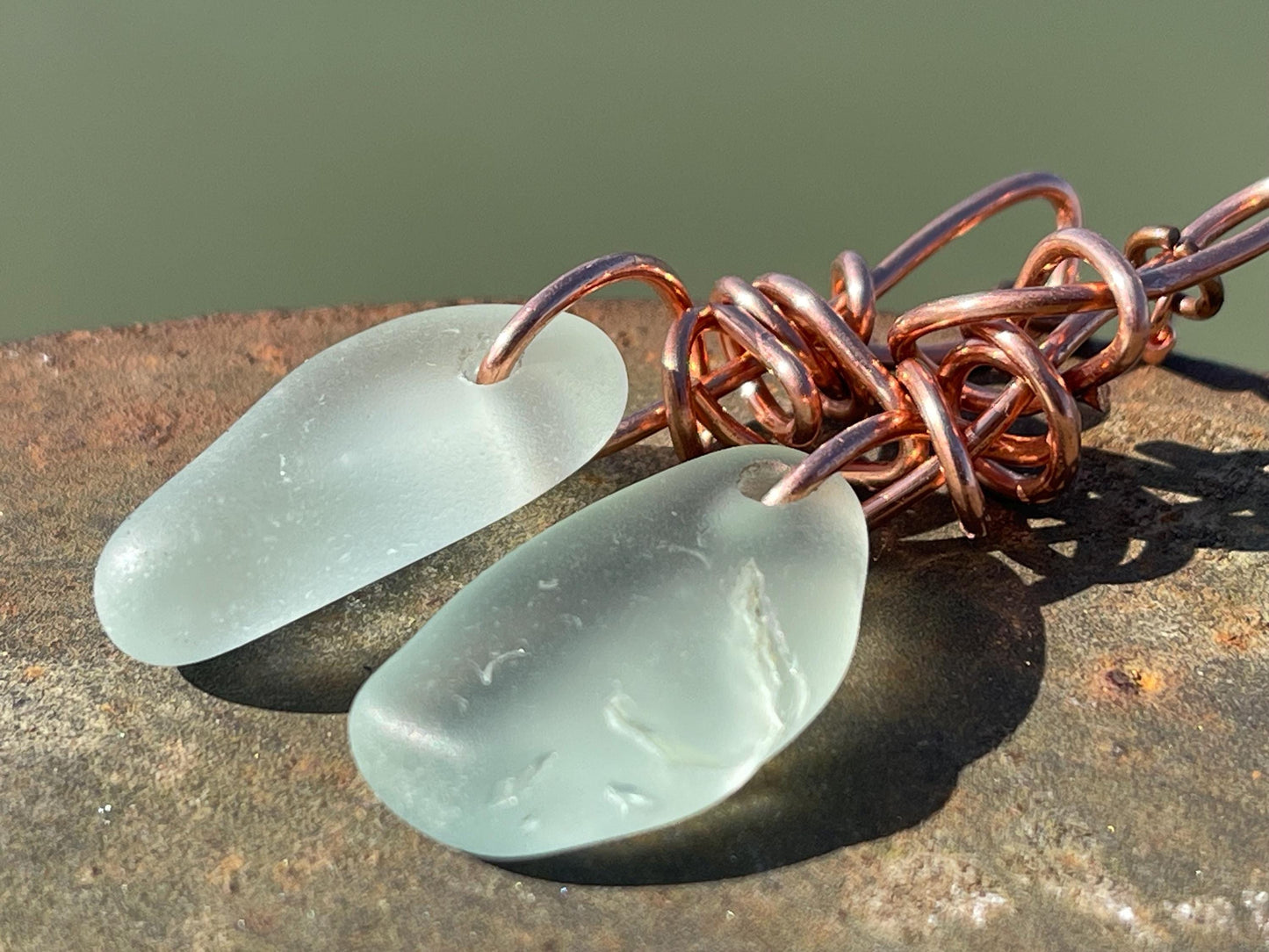 Eco friendly aqua sea glass and recycled copper earrings. Unique earrings, ethical jewellery, unusual boho jewellery, sea glass jewellery.