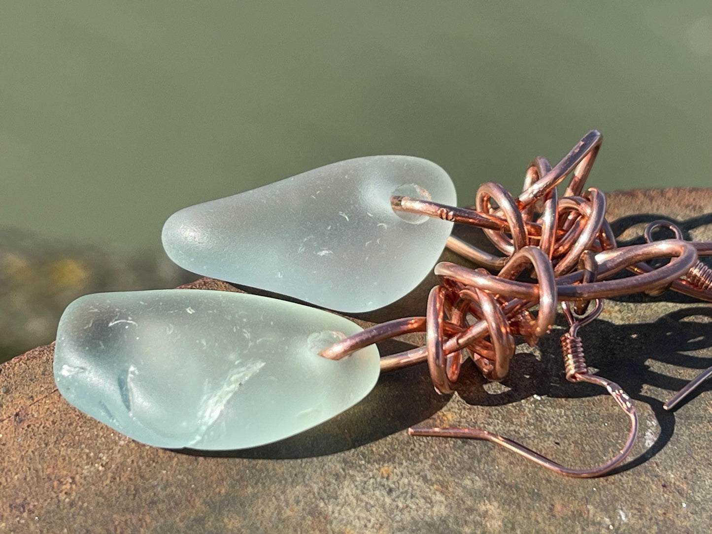 Eco friendly aqua sea glass and recycled copper earrings. Unique earrings, ethical jewellery, unusual boho jewellery, sea glass jewellery.