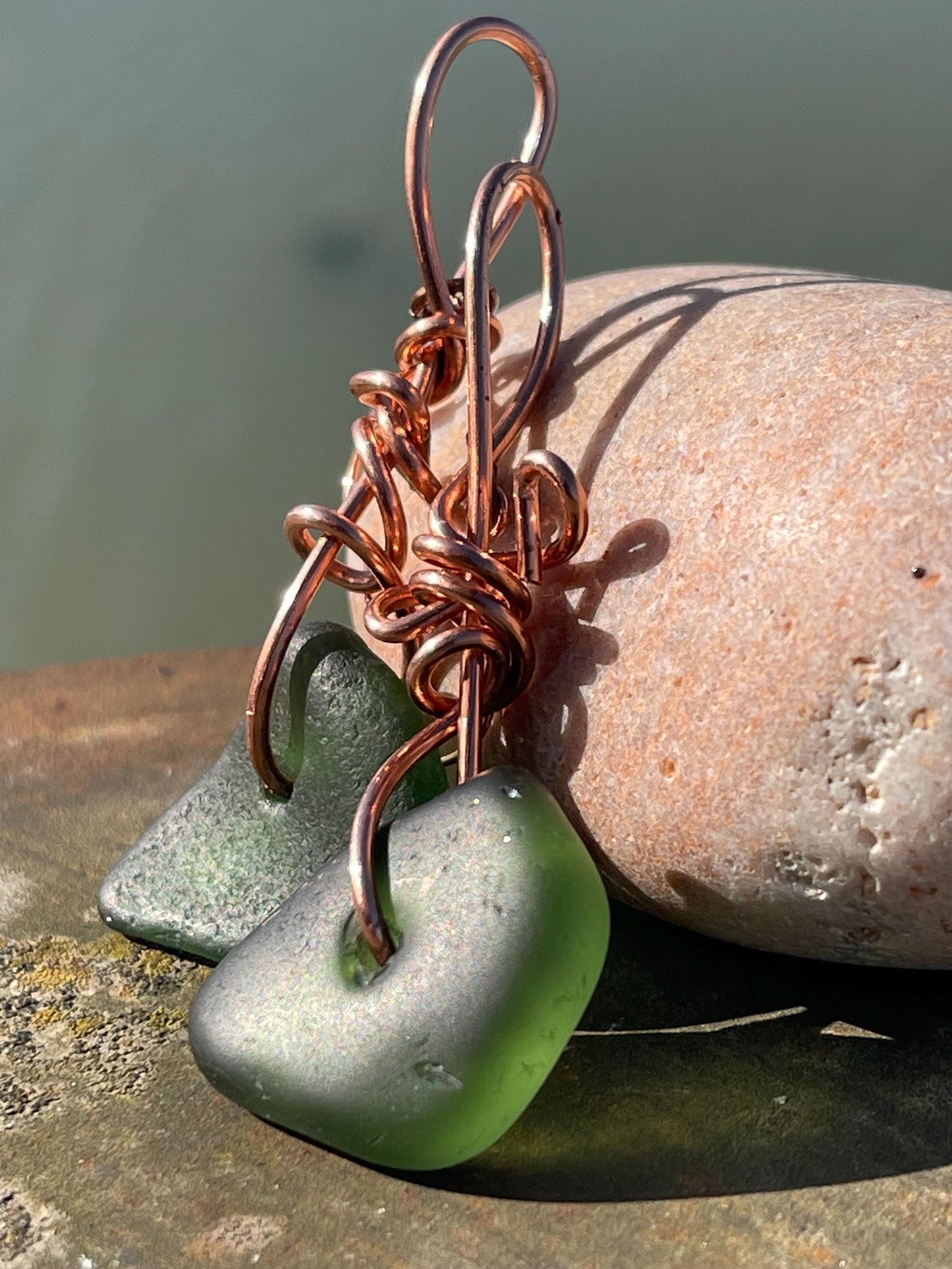 Eco friendly green sea glass and recycled copper earrings. Unique earrings, ethical jewellery, unusual boho jewellery, sea glass jewellery.