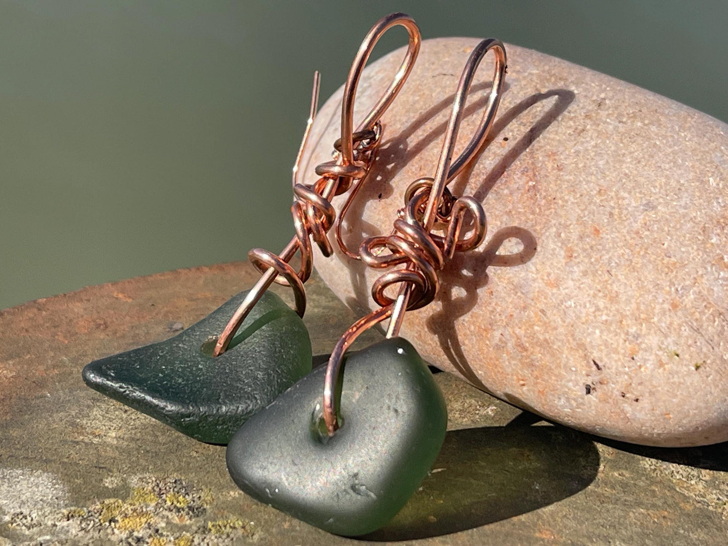 Eco friendly green sea glass and recycled copper earrings. Unique earrings, ethical jewellery, unusual boho jewellery, sea glass jewellery.