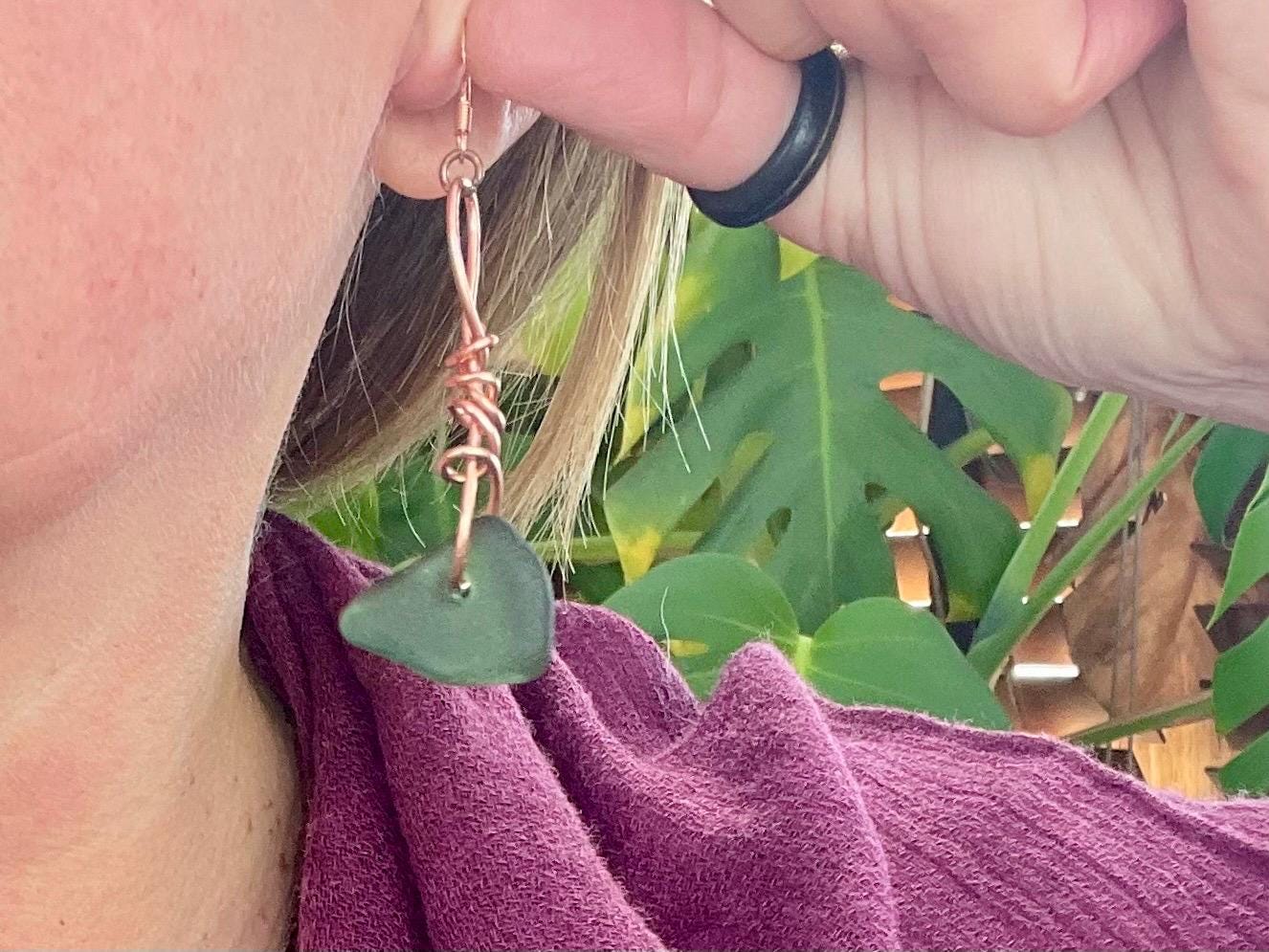 Eco friendly green sea glass and recycled copper earrings. Unique earrings, ethical jewellery, unusual boho jewellery, sea glass jewellery.