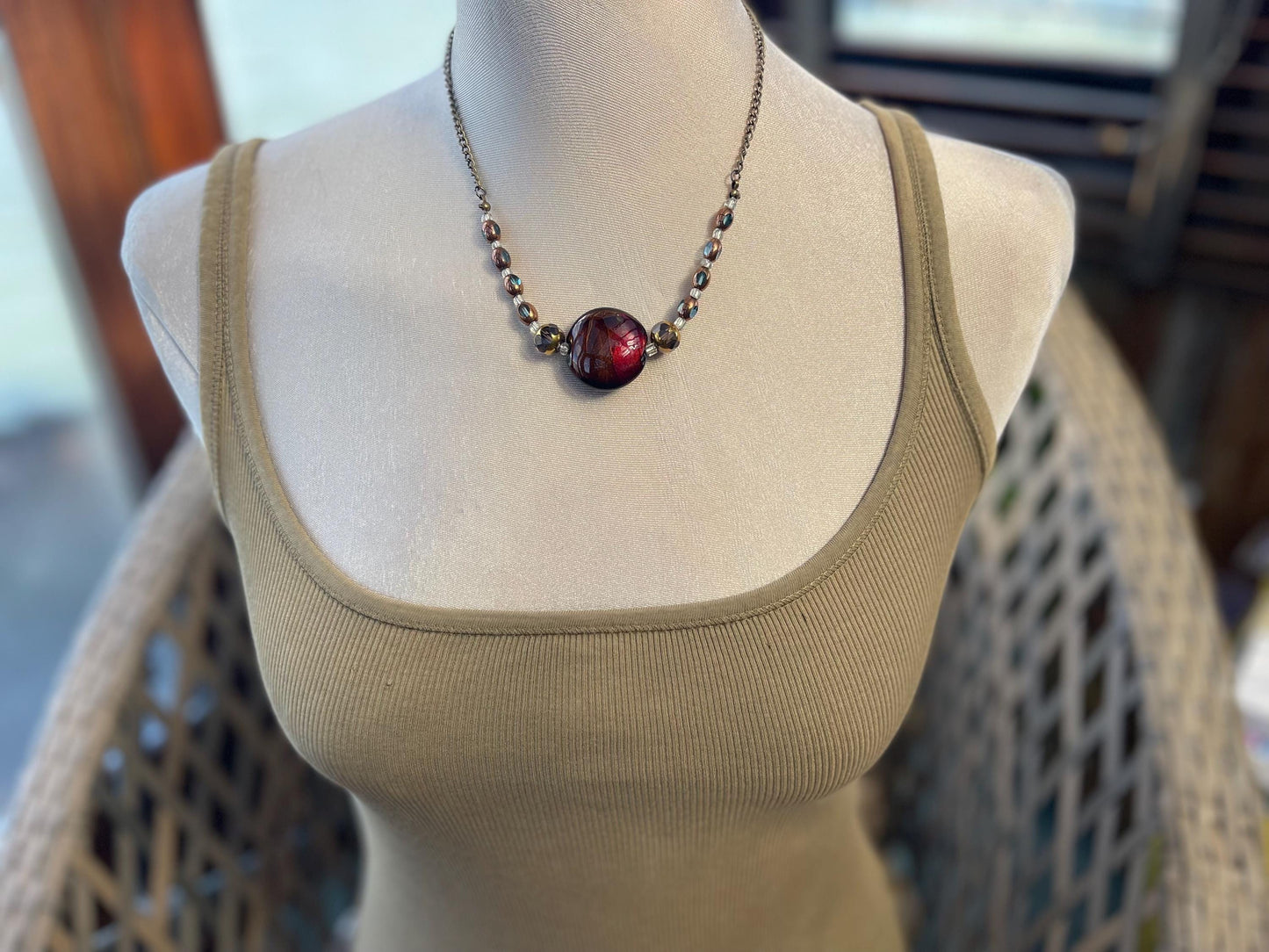 Stunning vintage necklace. Earthy deep maroon colour. Eco friendly jewellery. Ehical jewellery, short length necklace. Vintage jewellery.