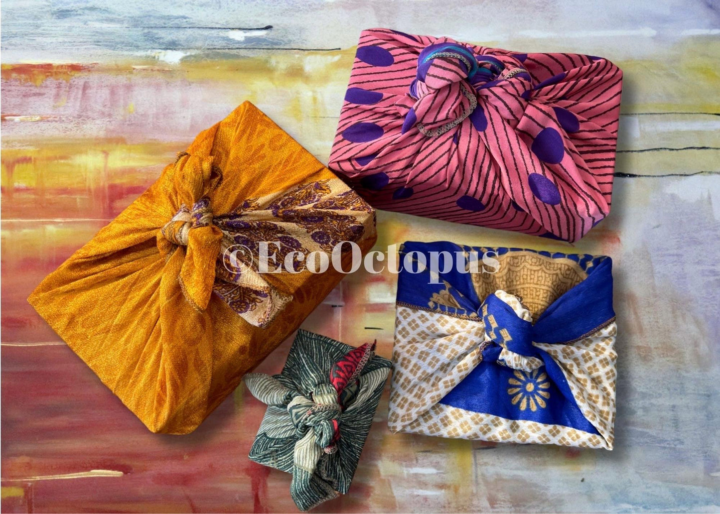 8 pieces of eco friendly sari gift wrap. Made from vintage silks. Ethical stationary. Eco friendly gifts. Re-usable recycled gift wrap.