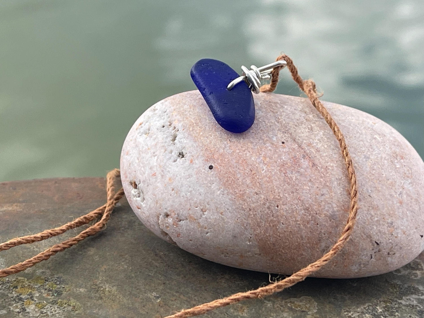 Blue sea glass necklace. Recycled necklace, gift for him. Ethical jewellery. Sea glass pendant. Eco friendly necklace, boho surf jewellery