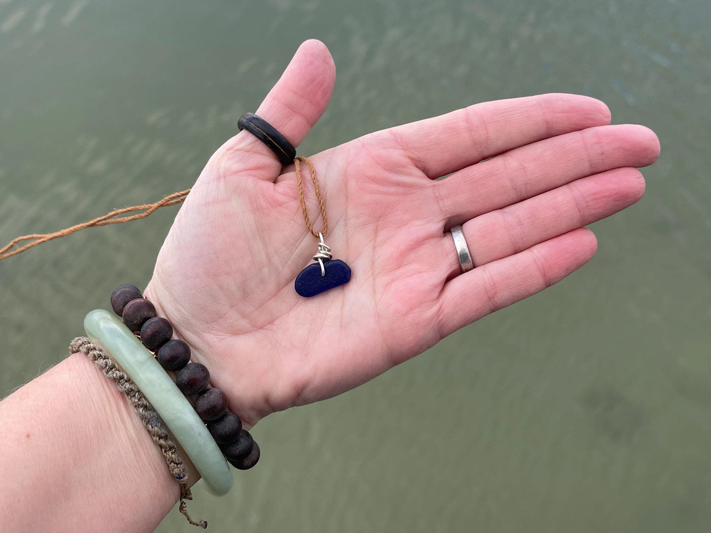 Blue sea glass necklace. Recycled necklace, gift for him. Ethical jewellery. Sea glass pendant. Eco friendly necklace, boho surf jewellery