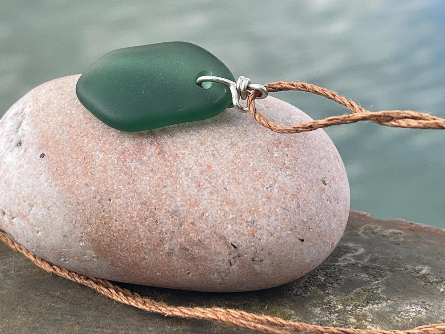 Green sea glass necklace. Recycled necklace, gift for him. Ethical jewellery. Sea glass pendant. Eco friendly necklace, boho surf jewellery