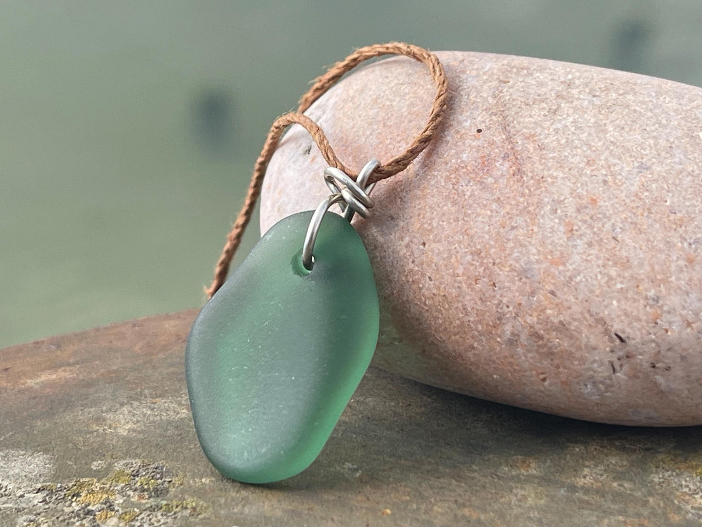 Green sea glass necklace. Recycled necklace, gift for him. Ethical jewellery. Sea glass pendant. Eco friendly necklace, boho surf jewellery