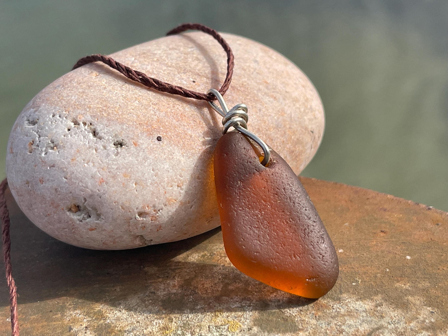 Orange sea glass necklace. Recycled necklace, gift for him. Ethical jewellery. Sea glass pendant. Eco friendly necklace, boho surf jewellery