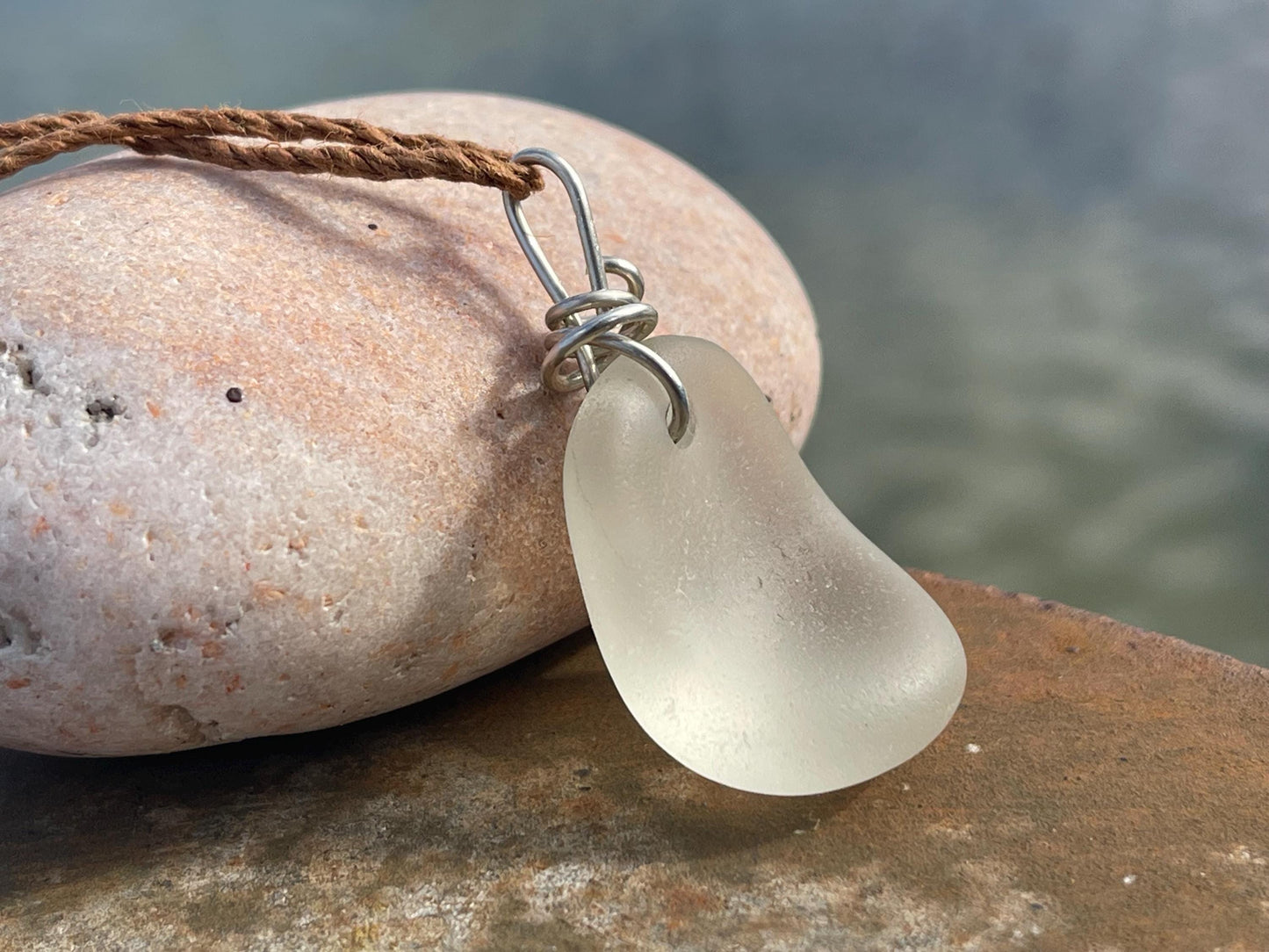 White sea glass necklace. Recycled necklace, gift for him. Ethical jewellery. Sea glass pendant. Eco friendly necklace, boho surf jewellery