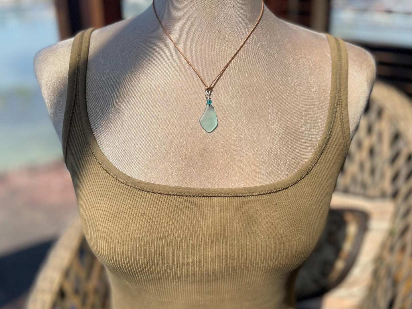Eco friendly necklace made with sea glass on recycled sterling silver. Ethical jewellery. Handmade eco friendly jewellery. Aqua sea glass.