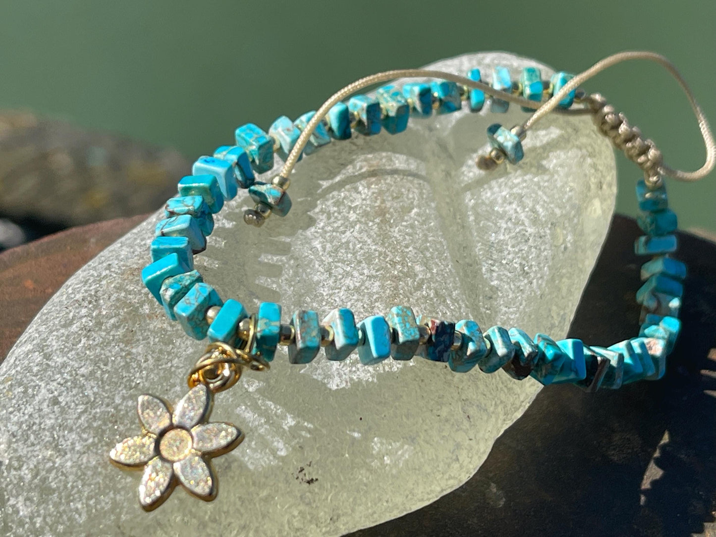 Adjustable gold and blue gemstone bracelet, handmade gift for him or her. Ethical jewellery, handmade unique jewellery.