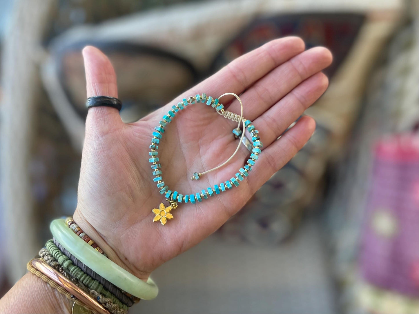 Adjustable gold and blue gemstone bracelet, handmade gift for him or her. Ethical jewellery, handmade unique jewellery.