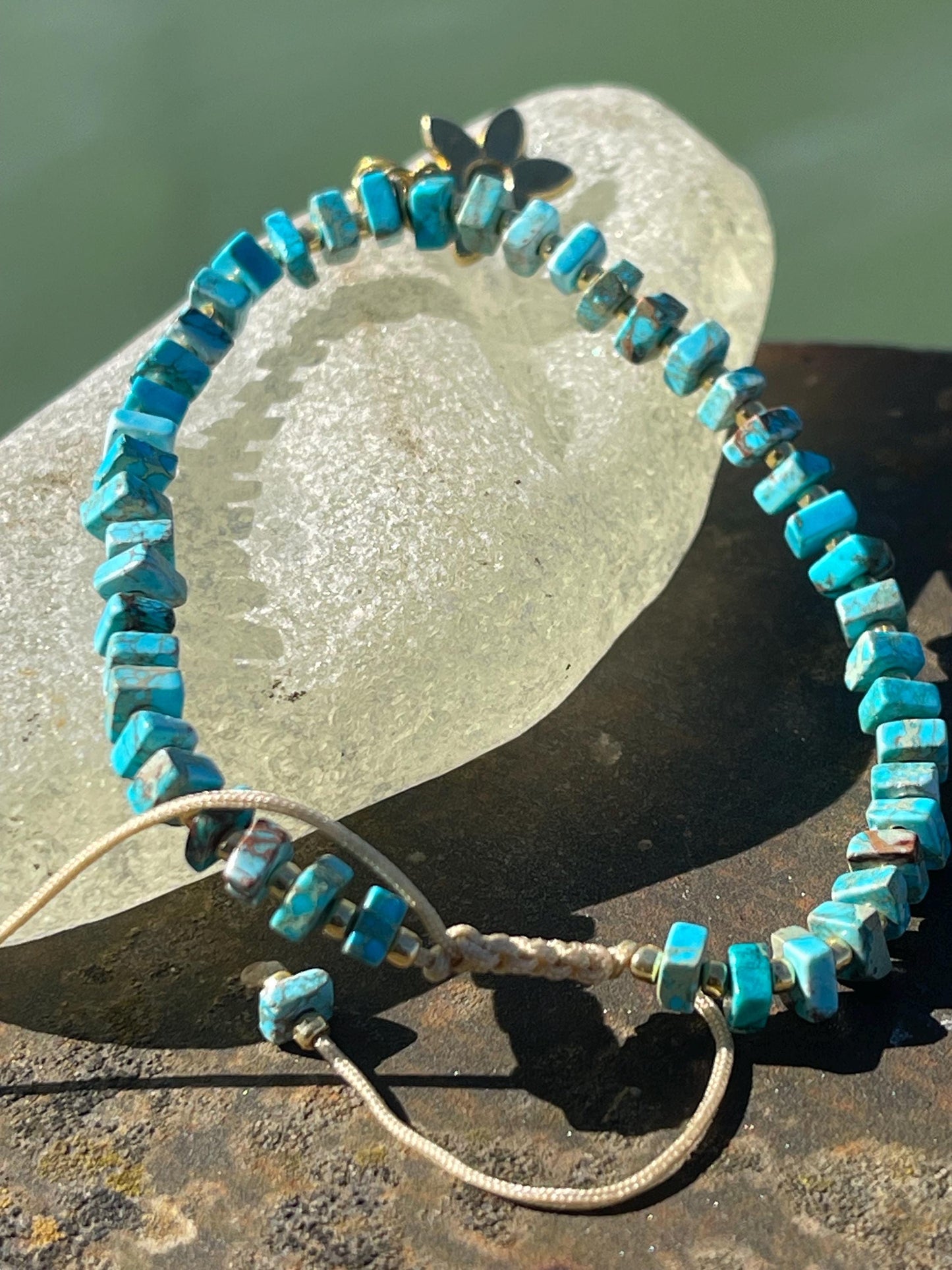 Adjustable gold and blue gemstone bracelet, handmade gift for him or her. Ethical jewellery, handmade unique jewellery.