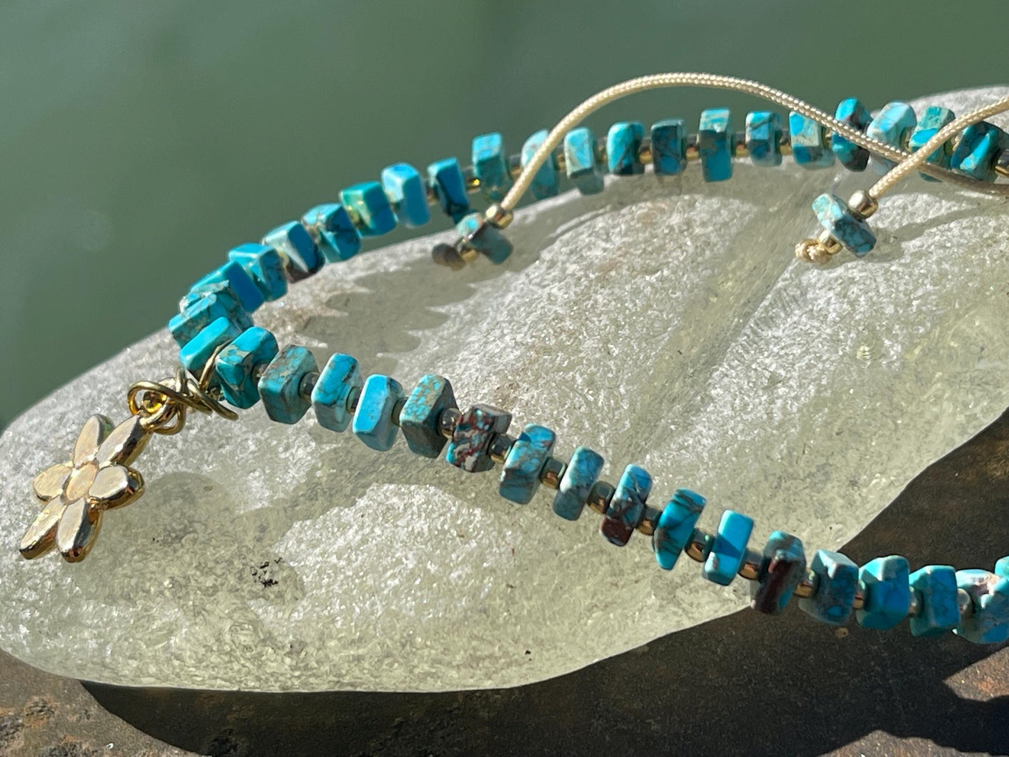 Adjustable gold and blue gemstone bracelet, handmade gift for him or her. Ethical jewellery, handmade unique jewellery.