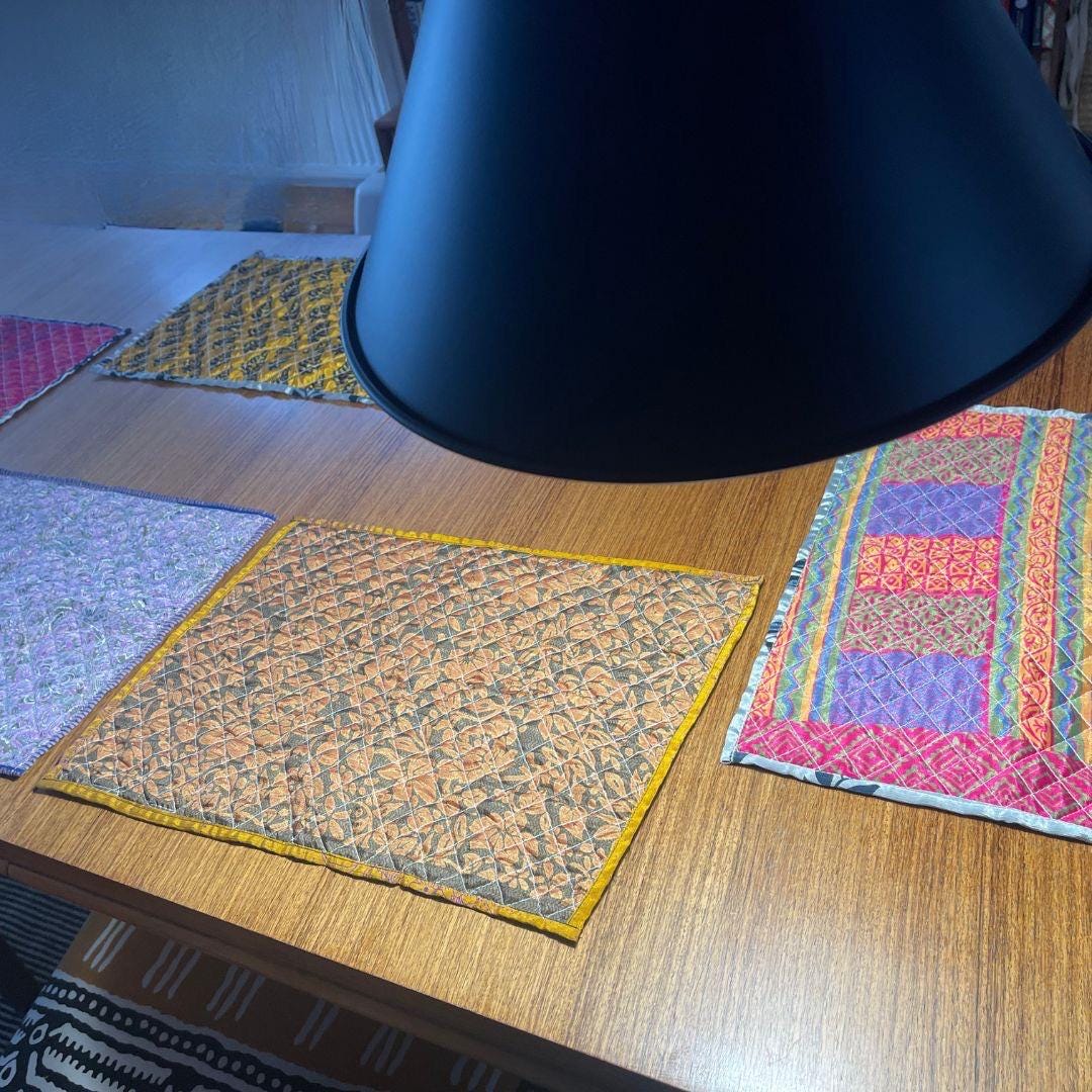 4 Recycled placemats. Eco friendly placemats made from vintage throws. Colourful home decor. Recycled place mats. Washable and colourful
